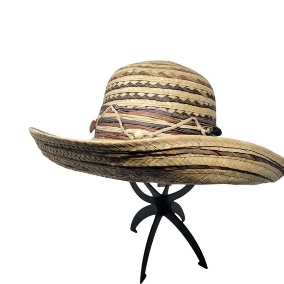 Scala Collection Womens Woven Straw Sun Hat Chevron Beaded Wide Brim Tan Brown - Picture 7 of 10